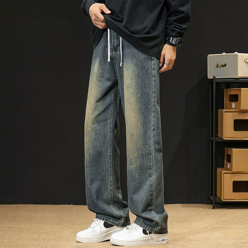 Quần jeans nam phong cách Hồng Kông, lót lông cừu, dáng rộng cỡ lớn
