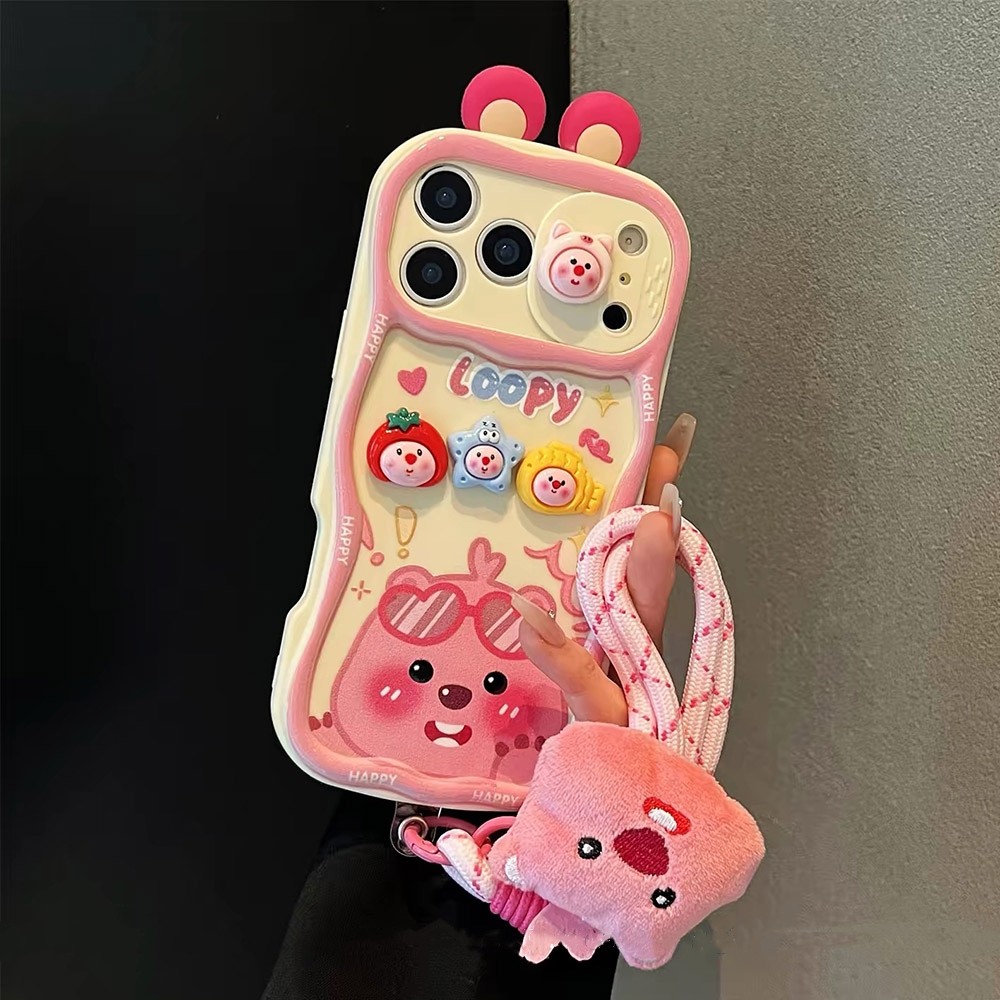 Ốp điện thoại cửa sổ trượt 3D Ear Tomato Star Beaver + Dây buộc cho iPhone 17 Pro Max 16 Plus 15 14 13 12 11 Vỏ bảo vệ chống sốc