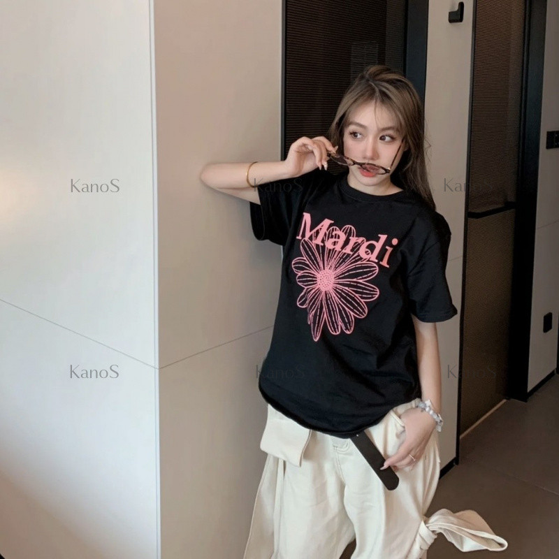 Kanos_shop | áo phông mùa hè, Hàn quốc dễ thương Flower print 100% cotton áo sơ mi tay ngắn