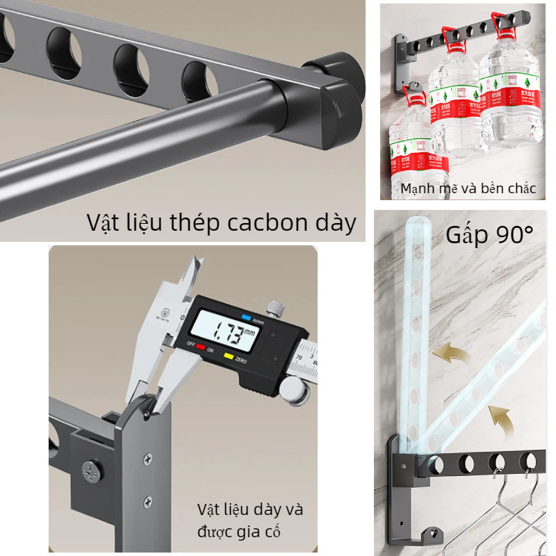 Thanh phơi đồ treo tường thép carbon chống gỉ siêu chắc, lắp khoan/dán cho ban công phòng tắm