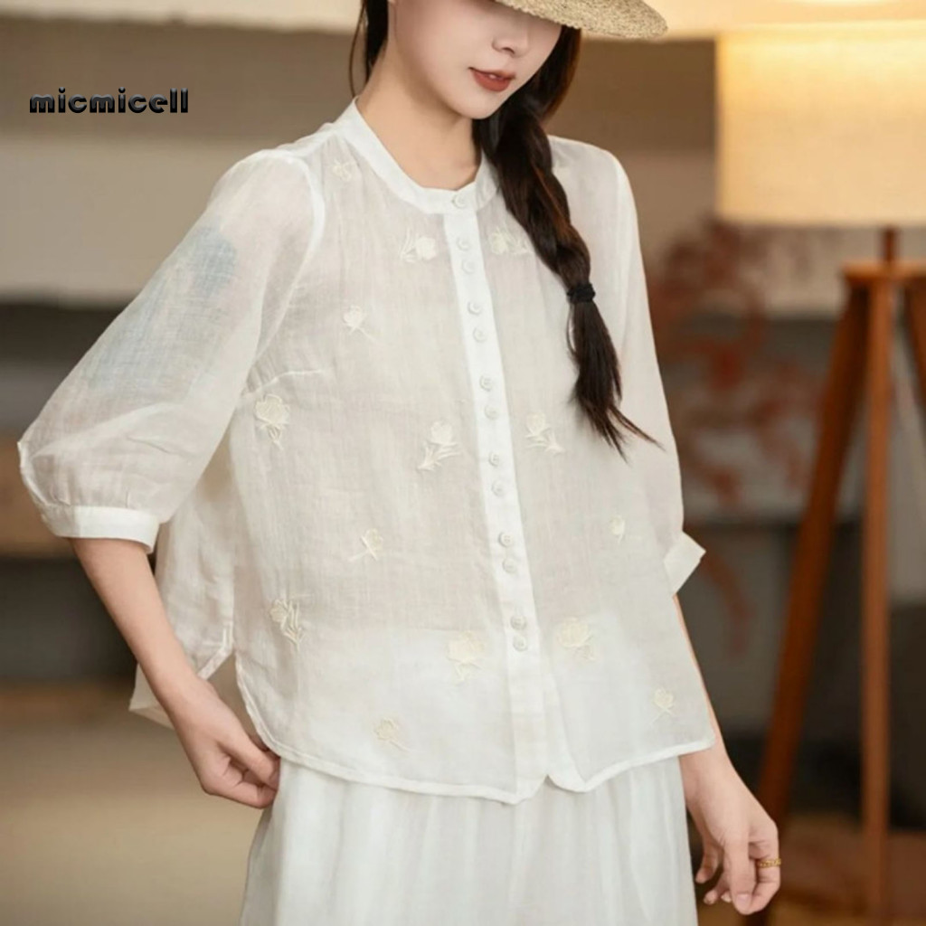 MIC - Áo sơ mi nữ mùa hè cổ tròn tay 3/4, họa tiết tre tự nhiên và thêu hoa