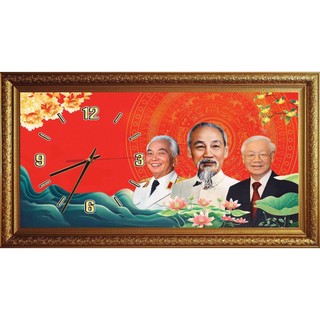 Tranh gắn đồng hồ 3 Bác 02 tráng gương đóng khung