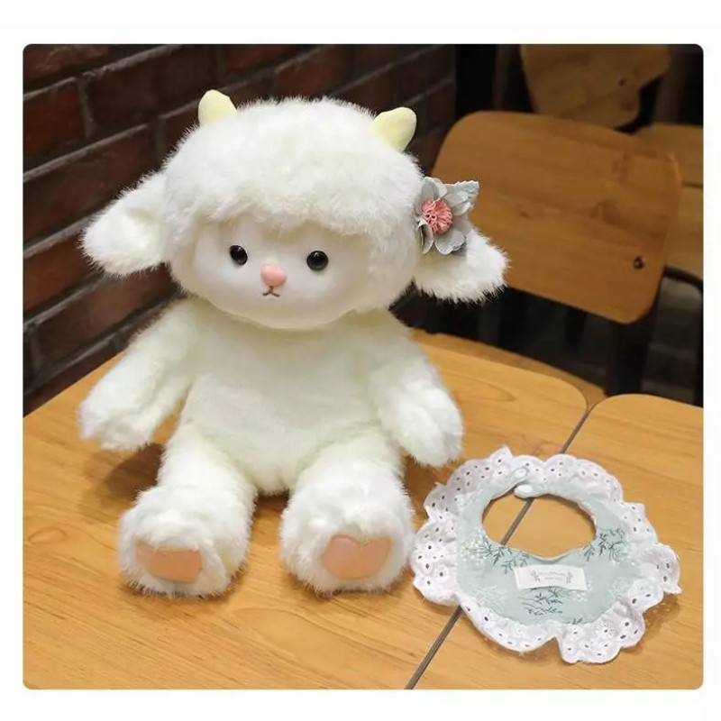 Gấu bông cừu đeo yếm dễ thương, Thú nhồi bông cừu trắng lông mềm cao cấp, quà sinh nhật, Thích hợp cho bé gái