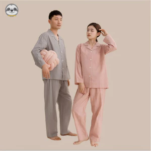 Bộ đồ ngủ cotton nguyên chất phong cách Nhật Bản, dài tay màu trơn, phù hợp cho cặp đôi