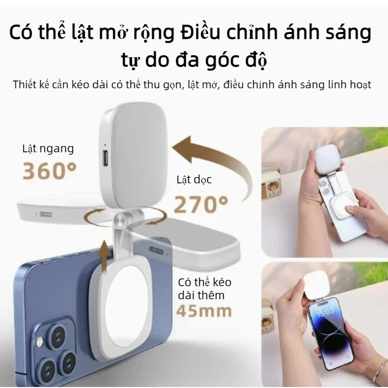 Đèn Selfie Từ Tính Kèm Gương 48LED CRI Cao Pin 850mAh Sạc Type-C Điều chỉnh sáng/màu Gắn MagSafe