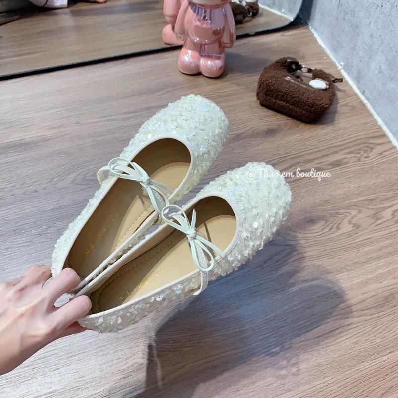 [Thảo Em - BB01 ] Giày bệt búp bê nữ nơ ngang đính lấp lánh sang trọng [Mã Mới]