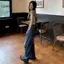LUImo Mùa Hè Gợi Cảm Baless Ren-up Áo Thun Nữ Màu Trơn Tròn Ne Slim Crop Top SBS