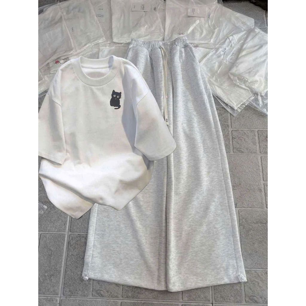 Bộ quần ống rộng da cá xám tiêu dài + phối áo phông form rộng unisex hình con CÚ-thoitragthubio