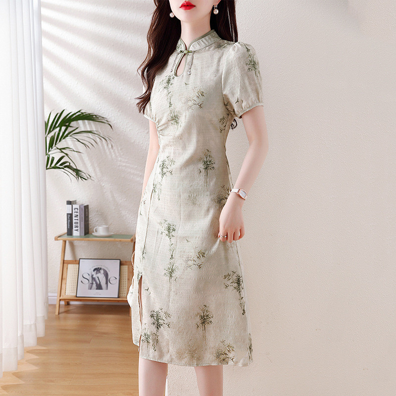 váy sườn xám kiểu mới dành cho nữ, váy xếp ly cổ đứng in họa tiết vintage,phong cách cổ điển, mẫu mới mùa xuân/hè