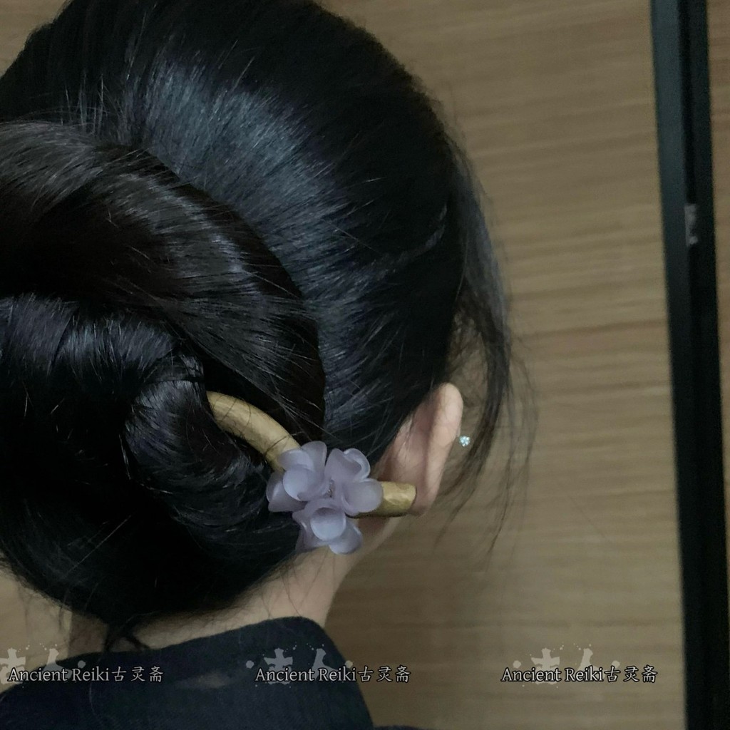Kẹp Tóc Gỗ Đàn Hương Xanh 15/21cm, Iris Tím Retro, Hoa Trà, Thanh Lịch, Trung Quốc