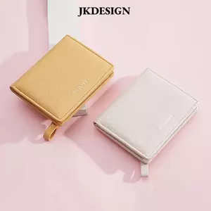 Ví ngắn JKDESIGN, Ví đựng tiền xu mỏng màu trơn, Hộp đựng thẻ da PU dung tích lớn sang trọng dành cho sinh viên