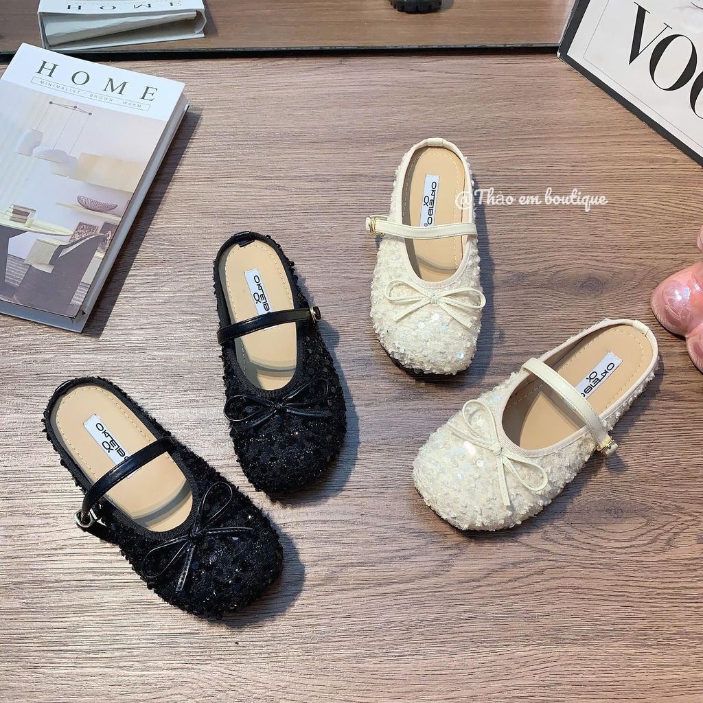 [Thảo Em - SB1311] Sục bệt mũi tròn đế bệt đính nơ lấp lánh bligblig lâp lánh sang trọng