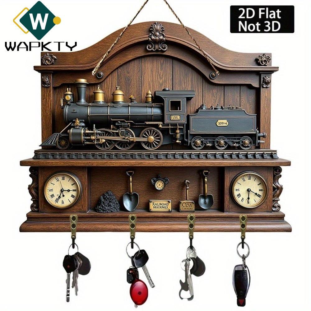 WAPKTY Móc Treo Tường, Giá Đỡ Chìa Khóa Bằng Gỗ Vintage, Di Động 2D Retro Họa Tiết Xe Lửa Đa Năng Móc Lưu Trữ Trang Trí Tường