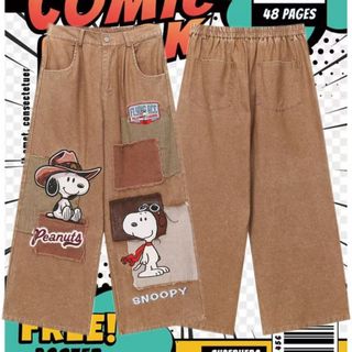 Quần Jean Nữ Ống Rông Thêu Hình Hoạt Hình Snoopy Retro, Giặt Machine Friendly