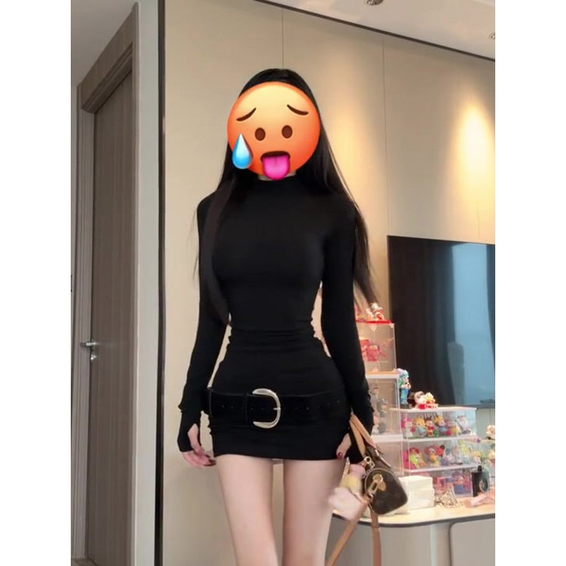 Mùa Thu Hot Girl Váy Ngắn Hông Cổ Cao Tay Dài Đầm Da