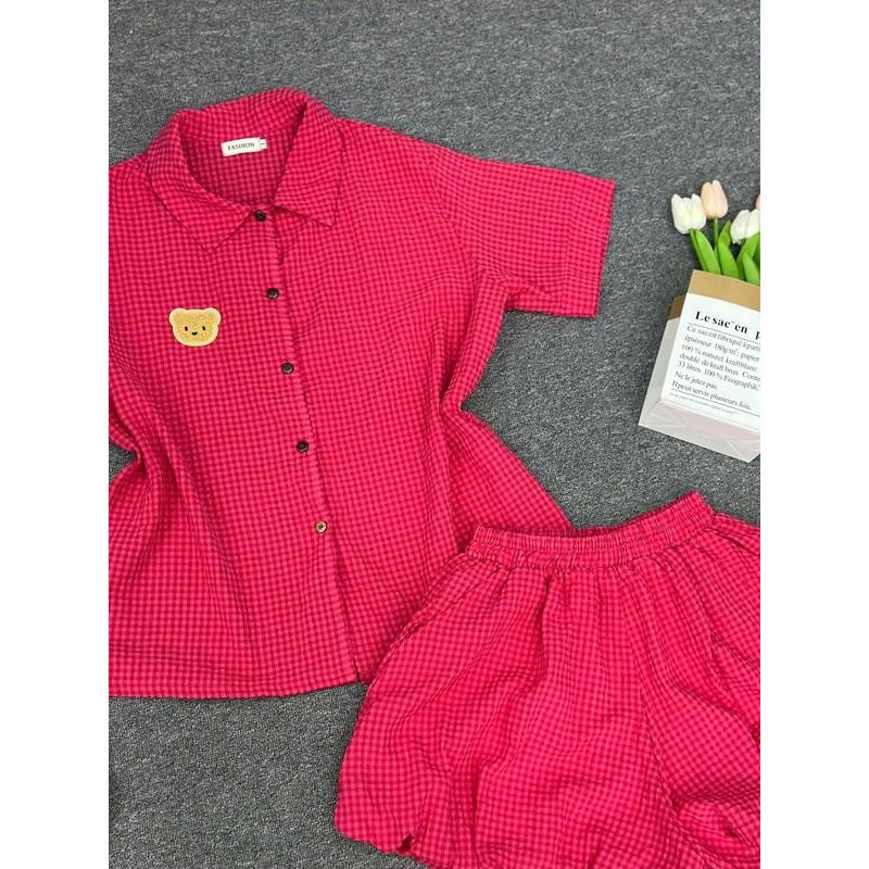 Set pijama đũi caro bigsize tay ngắn quần đùi bí mặc ngủ mát  xinh xắn dễ thương ESHOP Đồ Bộ Nữ Mặc Nhà MS510