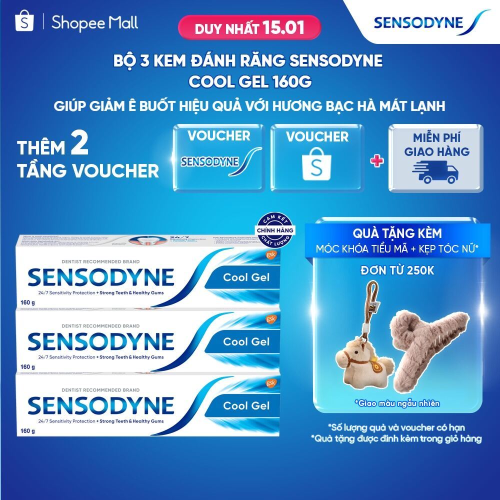 Bộ 3 Kem đánh răng SENSODYNE Cool Gel 160g giúp giảm ê buốt hiệu quả với hương bạc hà mát lạnh