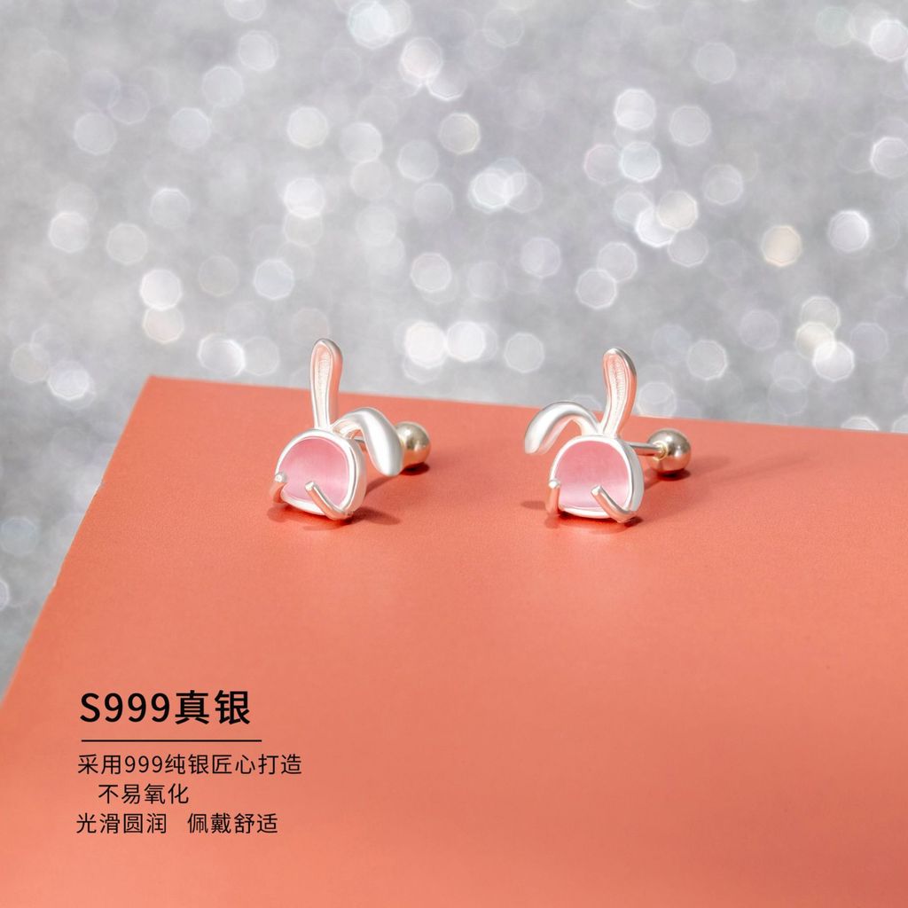 Bông tai thỏ đá mắt mèo màu hồng nguyên chất S999