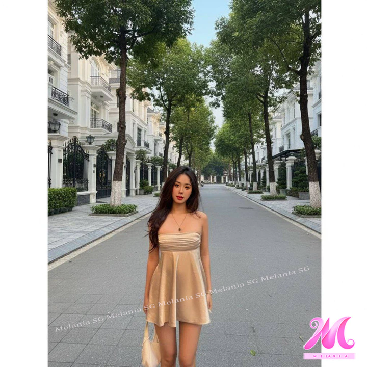 Váy Lụa 2 Dây Dáng Xòe Ôm Ngực Melania SG – Váy Lụa Cao Cấp Che Bụng, Tôn Dáng, Sang Trọng Dạo Phố – Dự Tiệc