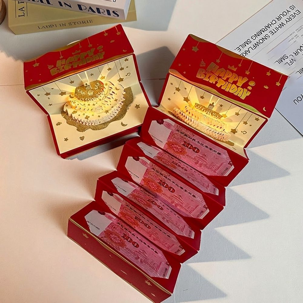 Thiệp chúc mừng sinh nhật phong bì màu đỏ EBINLANDS, Thiệp chúc mừng ánh sáng âm nhạc vàng có thể gập lại, 6 khe cắm thẻ màu đỏ sáng tạo Phong bì màu đỏ tiền năm