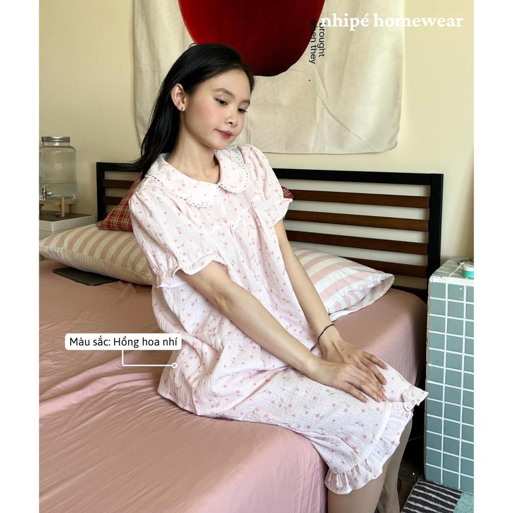 Bộ đồ xô tay bồng quần lửng cổ sen Nhipé homewear nữ set đồ ngủ mặc nhà chất liệu cao cấp mềm mịn thoáng mát