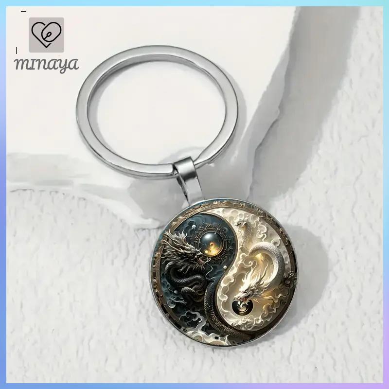 [MINAYA] Móc khóa rồng Âm Dương - Mặt dây chuyền hợp kim thời trang, Thiết kế rồng trắng và trắng, Hoàn hảo cho túi xách, Bapas và quà tặng độc đáo VN