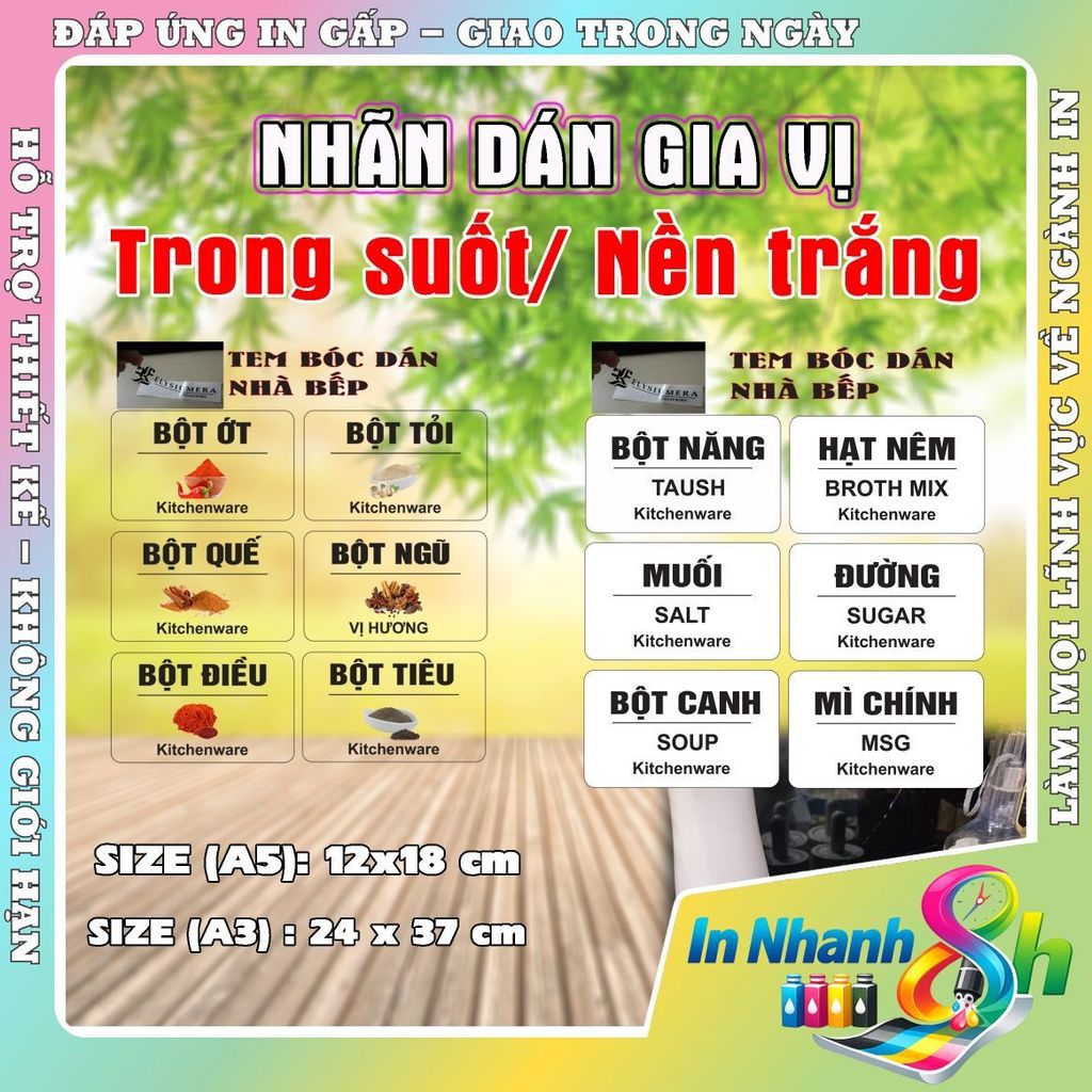 [Combo] Nhãn Dán Gia Vị Chống Nước, Tem Dán Phân Loại Nước Chấm, Chai Lọ Gia Vị, Chữ Rõ Nét – Nền Trong/Trắng