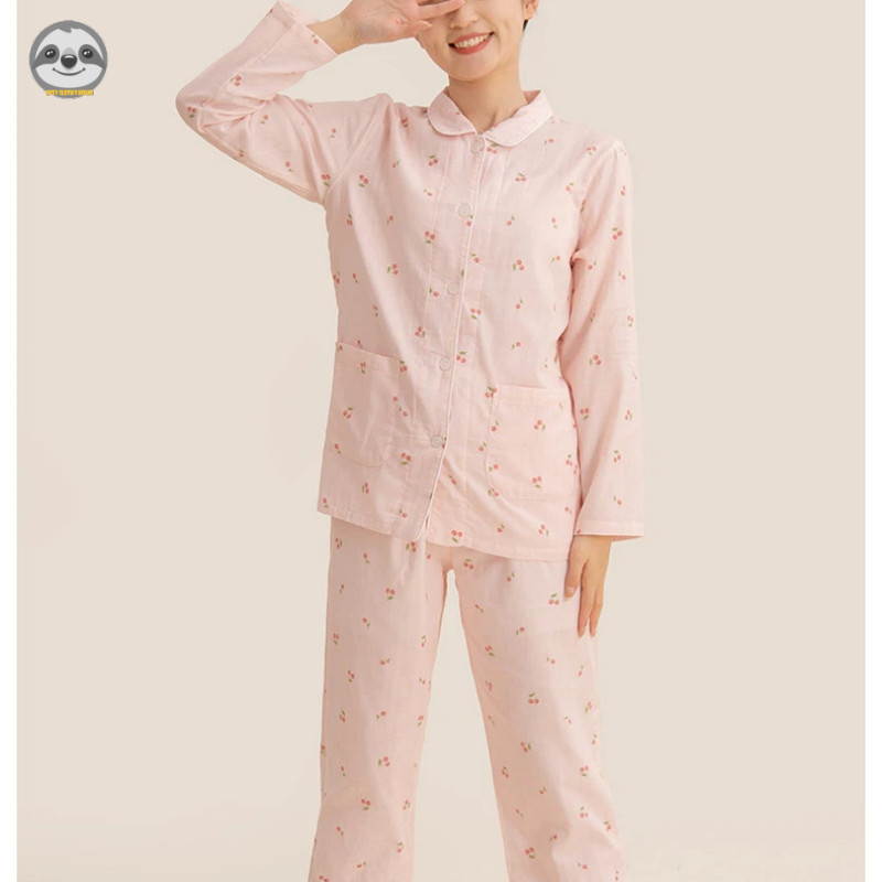 Quần dài tay anh đào cotton nguyên chất dành cho nữ Đồ ngủ / Gạc cotton hai lớp Mặc cha mẹ và con cái / Thoải mái mềm mại có thể mặc Bộ đồ ngủ bên ngoài / Mồ hôi thoáng khí chất lượng cao @
