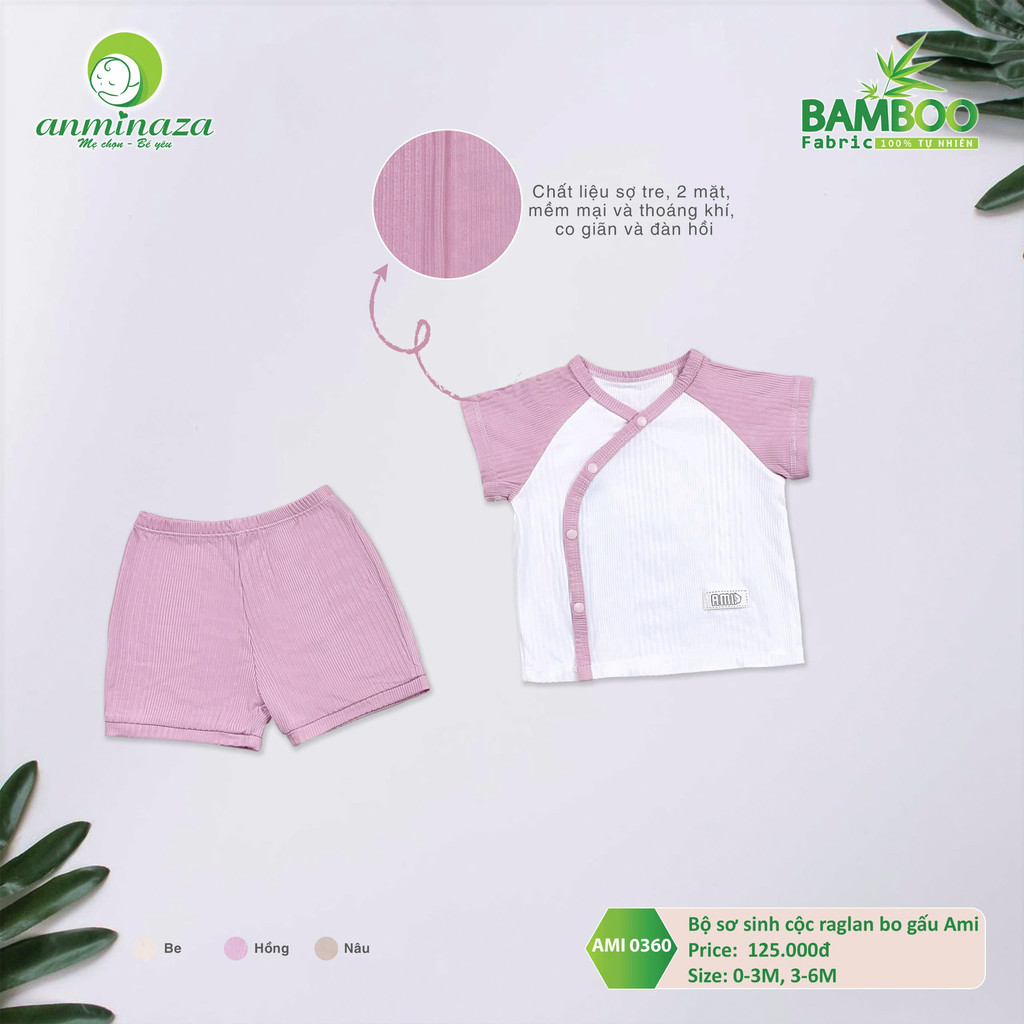 Bộ Sơ Sinh Cộc Tay Anminaza Vạt Chéo Vải Tăm Tre An Toàn Thấm Hút - Hàng Chính Hãng AMI0360