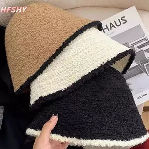 Mũ len nữ màu block thời trang - Lót lông cừu ấm áp cho mùa đông, phù hợp đầu lớn, phong cách Hàn Quốc