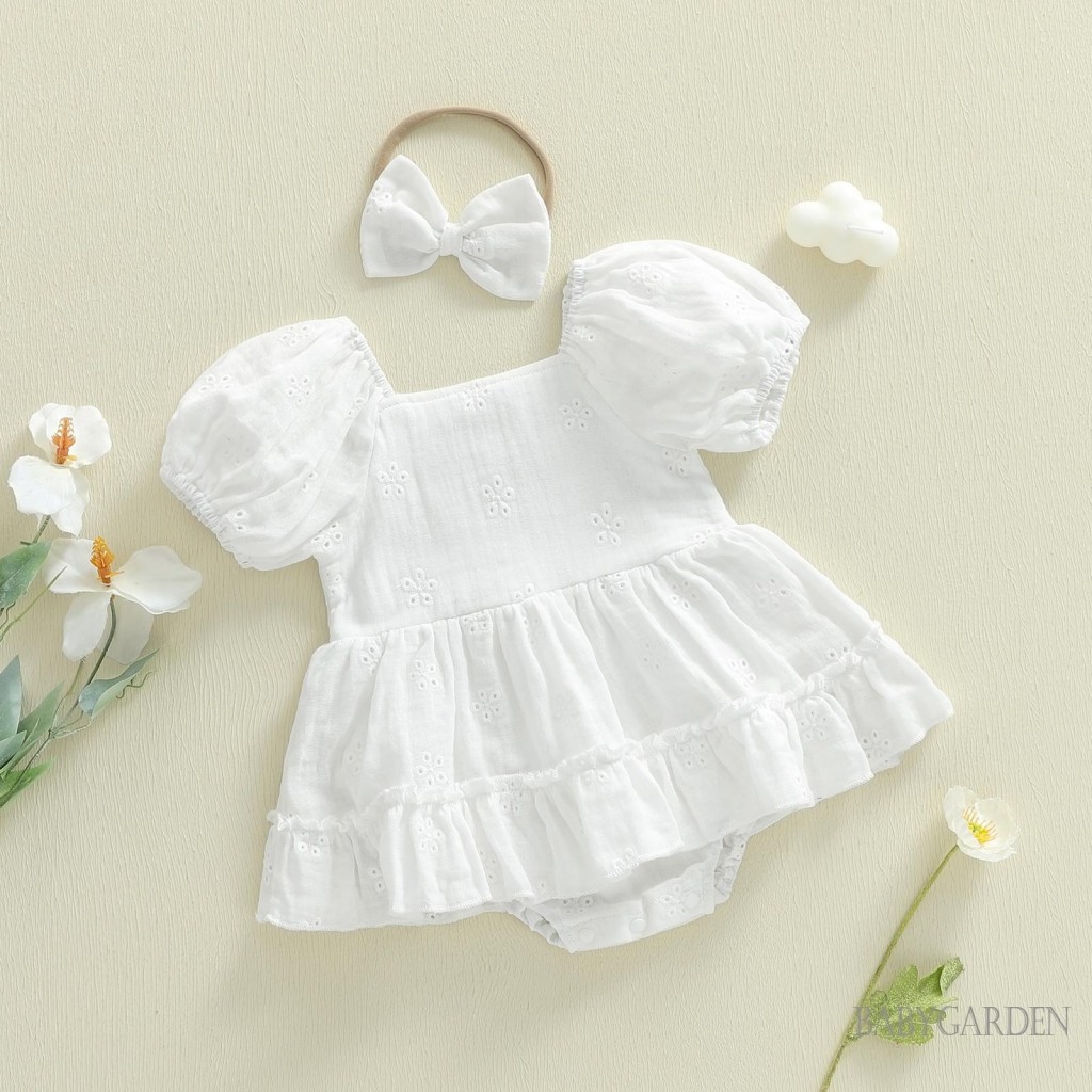 Bé Gái Hoa Thêu Ngón Tay Xù Viền Tay Ngắn Váy Liền Quần Và Nơ Băng Đô Trắng Cho Bé Showe / Lễ Rửa Tội
