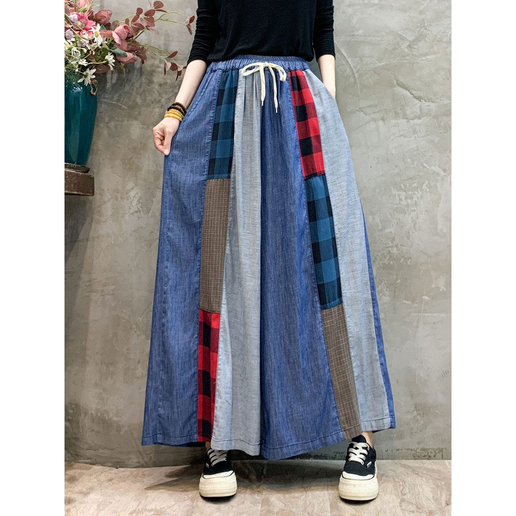 Quần Denim Nữ Cao Cấp Retro với Màu Sắc Thời Thượng, Miếng Dán Nối Eo Cao và Thắt Lưng Co Giãn, Thiết Kế Ống Rộng Thẳng