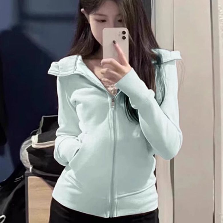 [Phù Hợp Với] Áo khoác nữ Dopamine slim-fit, có mũ trùm đầu, thể thao, nẹp ngắn, lông cừu, mùa xuân, phù hợp mọi trận đấu