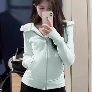 Áo khoác nữ Dopamine slim-fit, có mũ trùm đầu, thể thao, nẹp ngắn, lông cừu, mùa xuân, phù hợp mọi trận đấu