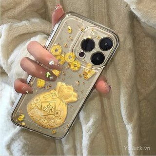 Túi May Mắn Lá Vàng Tinh Tế Sang Trọng Trong Suốt Sáng Tạo Thời Trang Ốp Lưng Điện Thoại Thích Hợp Cho iPhone 17promax 15promax 16pro 14 Chống Sốc 12plus 11promax 13plus 7plus 15 Ốp Chống Sốc
