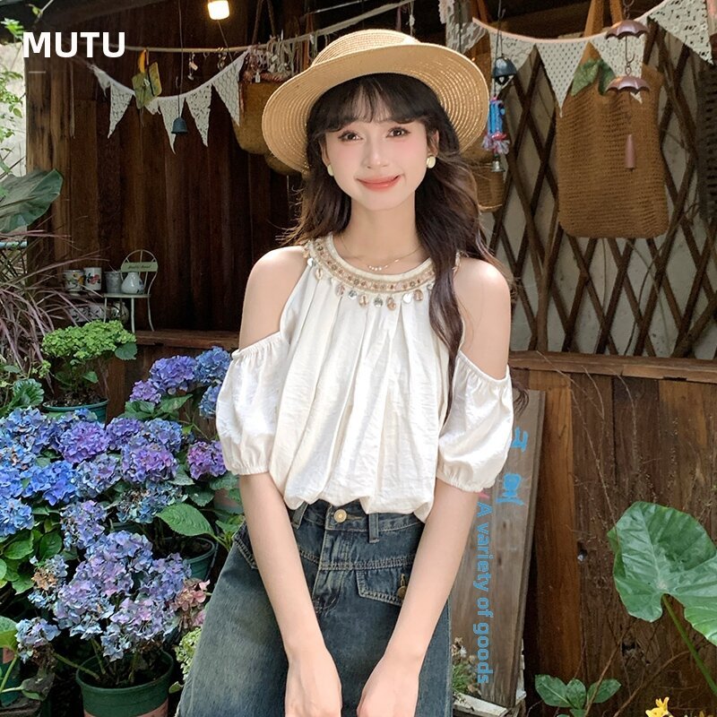 MUTU | Áo sơ mi tay ngắn nữ phong cách Pháp mới với sequin bong bóng và thiết kế cổ treo