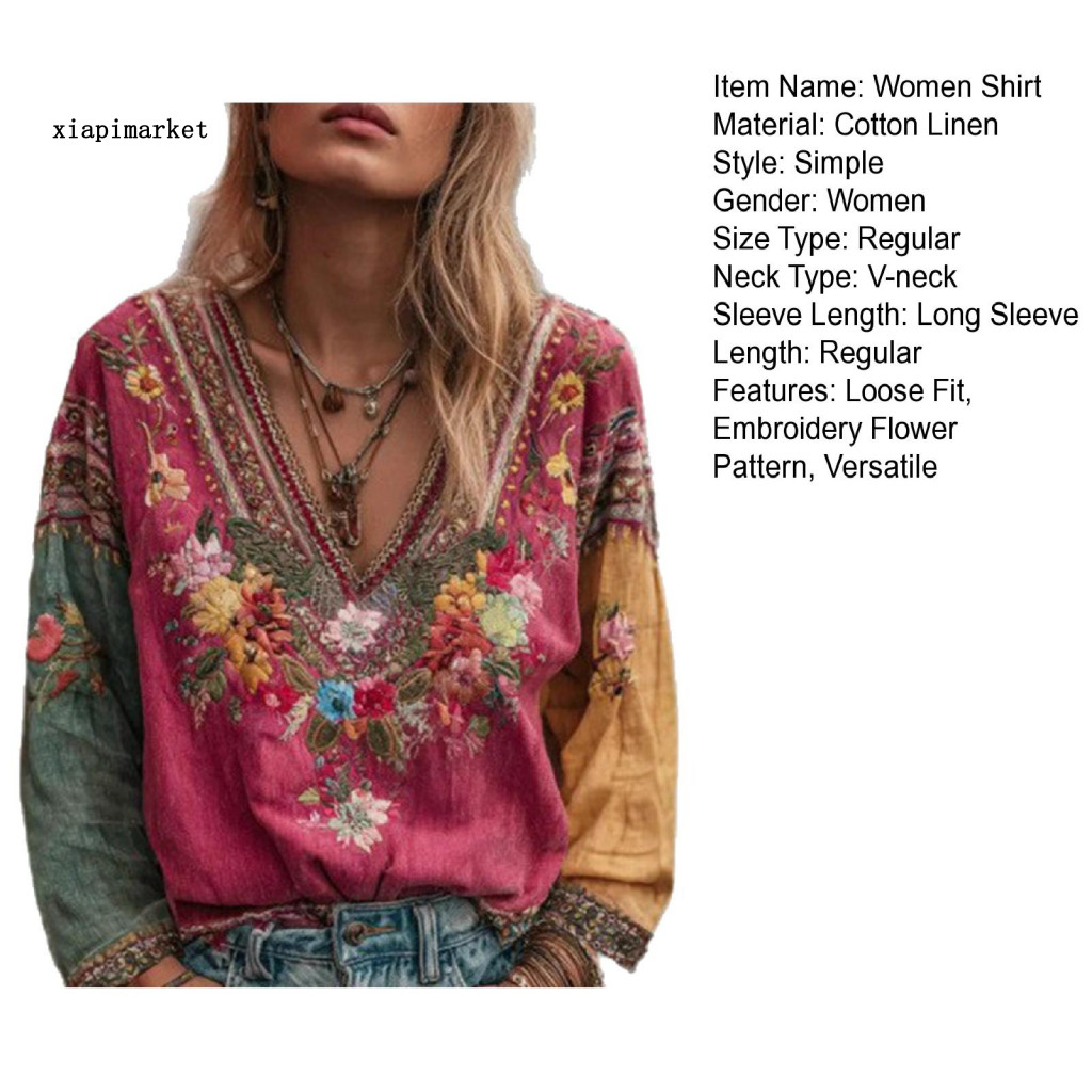 XIA | Áo Phông Chữ A Cổ Chữ V Tay Dài Thêu Hoa Phong Cách Bohemian Dân Tộc