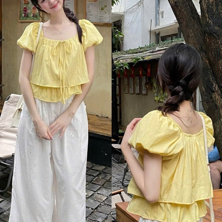 Áo Vai Chun Tay Bồng 2 Tầng Nơ Cổ Dáng Lửng A3090 Bigsize