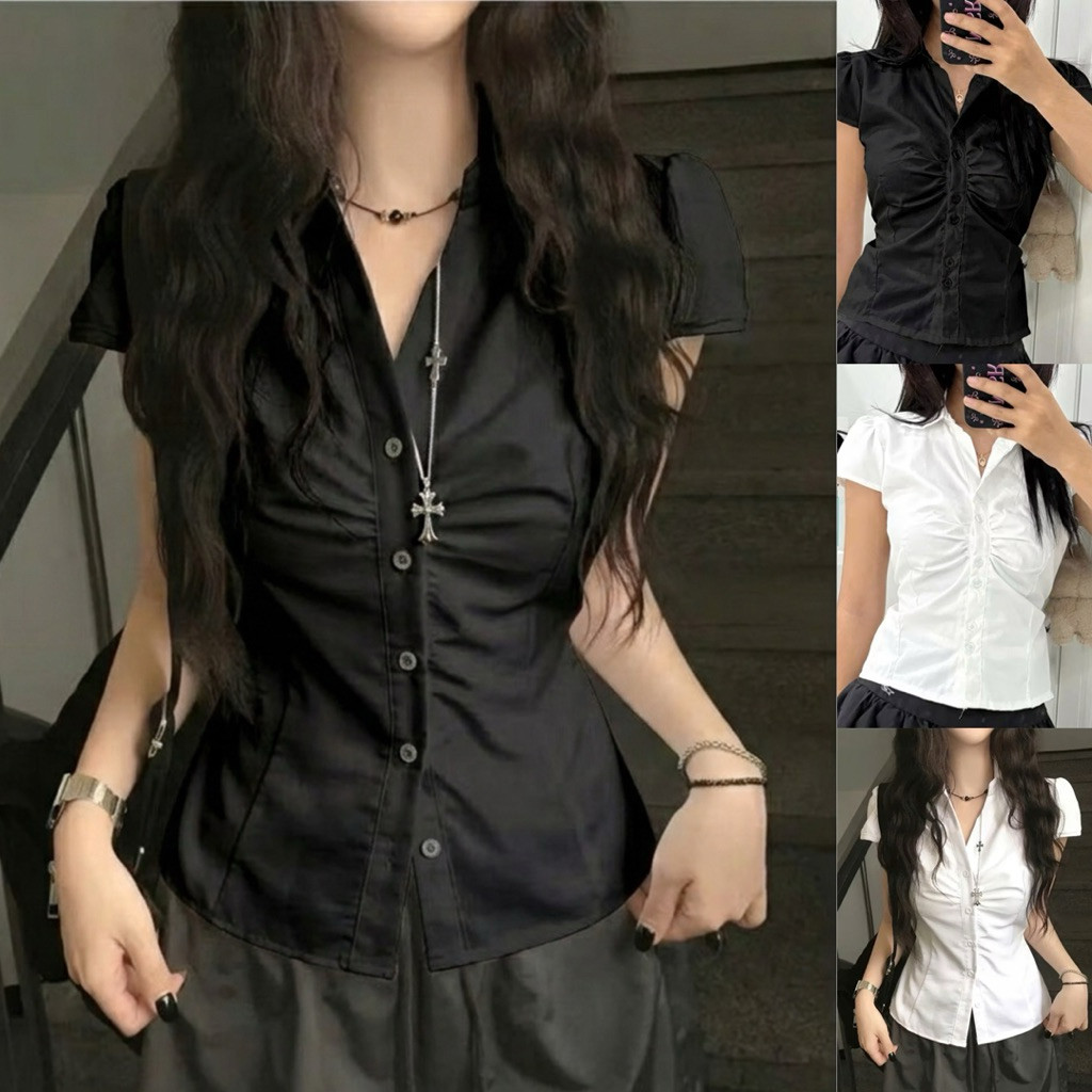 Sơ mi nữ quốc dân tay ngắn nhún bèo siêu sang trọng hợp gu chị em SMG88322