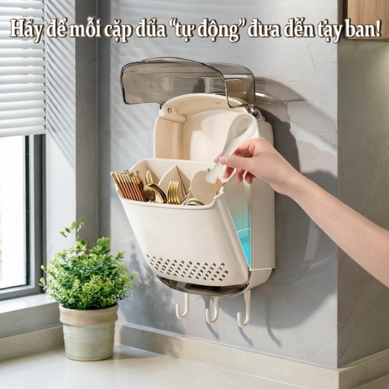 hộp đựng đũa muỗng gắn tường khay thoát nước nắp chống bụi nhựa ABS cao cấp màu trắng tiện lợi bếp