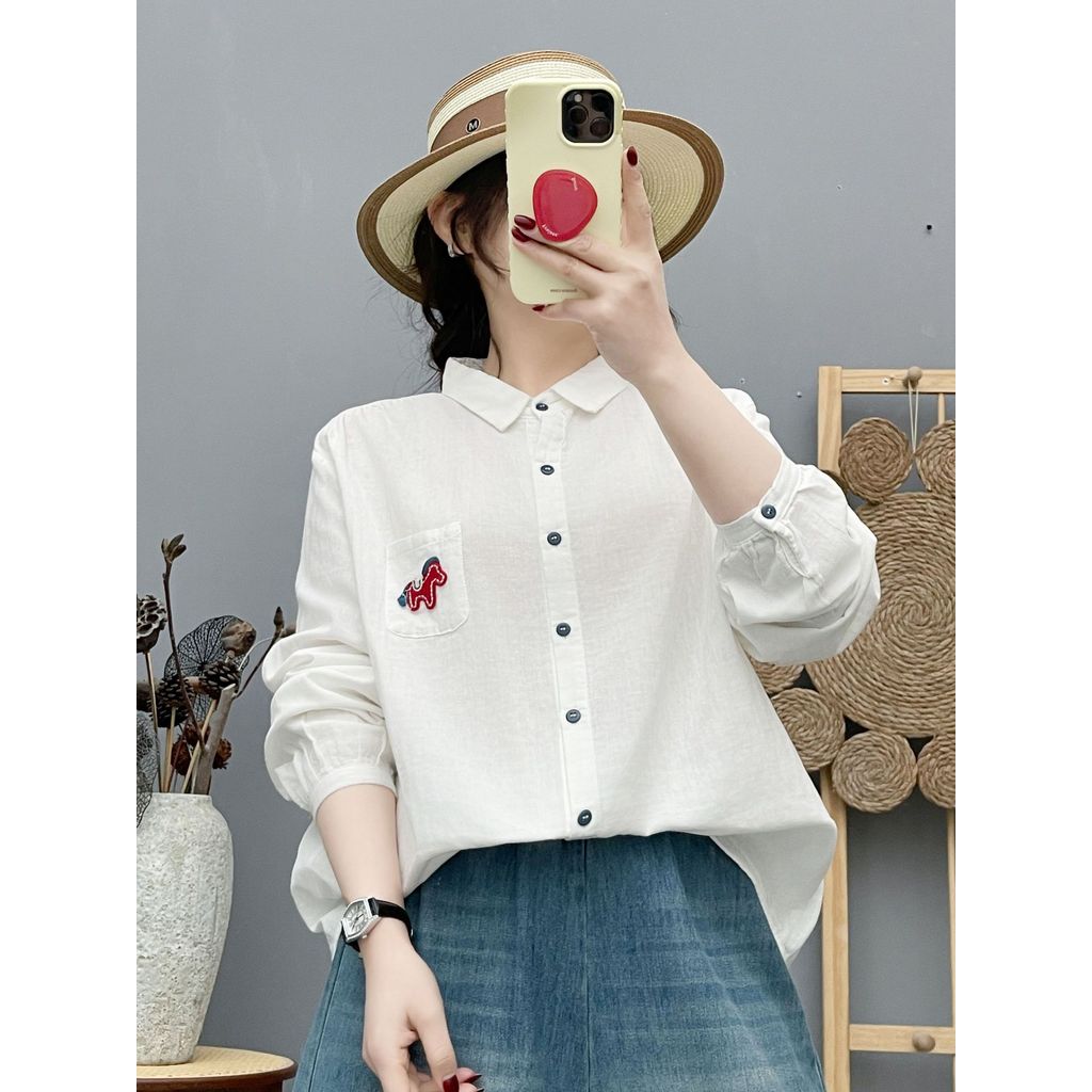 [Hàng có sẵn] Áo sơ mi nữ 100% cotton chất lượng cao, retro art, thiết kế thoải mái với túi và chi tiết thêu pony