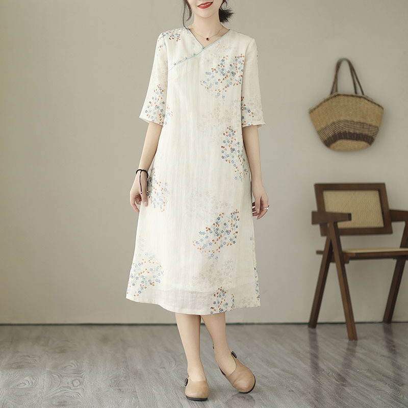 Váy ramie nữ, cổ chữ V mùa hè, tôn dáng và thanh lịch, cảm giác cao cấp, váy sườn xám cải tiến có cài nút.