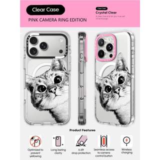 CASECASE X Curious Cat Phone Case HỒNG CAMERA RING EDITION Tác động Vỏ hút từ tính trong suốt cho iPhone 17 / 16 / 15 / 14 / 13 Pro Max Air với bao bì cao cấp