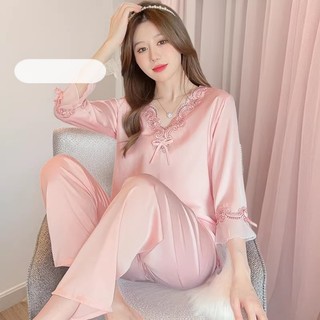 Bộ đồ ngủ lụa băng mùa xuân/hè mới dành cho nữ, bộ tay dài, hai mảnh lụa viền ren, sang trọng và cao cấp.