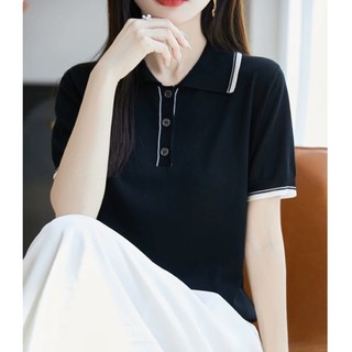 Áo sơ mi nữ dệt kim tay ngắn cổ polo, màu sắc Hàn Quốc, thoáng mát cho mùa hè