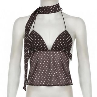 Áo Vest yếm chấm bi BRARAA, Áo ba lỗ mỏng vừa vặn, gợi cảm với ruy băng Áo hai dây không tay cổ chữ V sâu dành cho nữ mùa hè