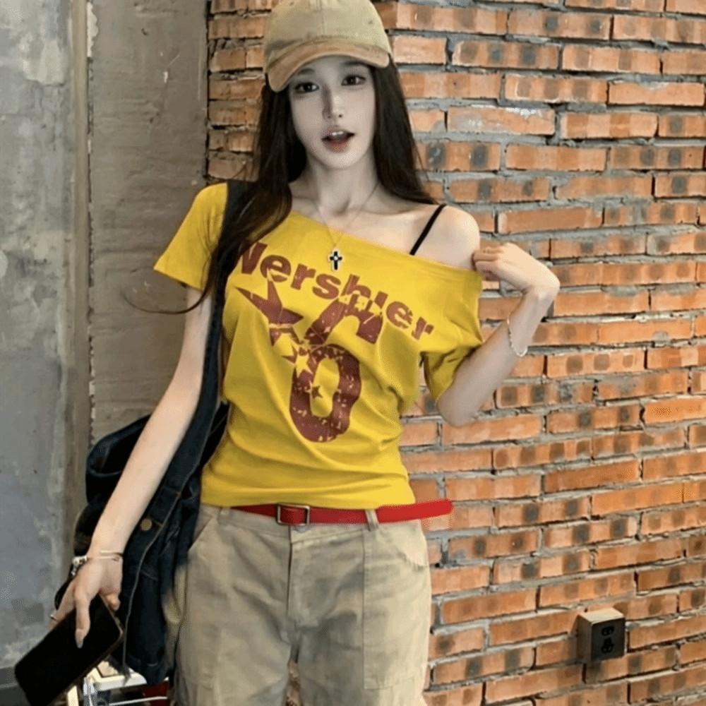 Áo đeo vai HOBBYIN, Áo ngắn tay cổ xiên, Áo thun in chữ Y2k gợi cảm Phong cách cổ điển