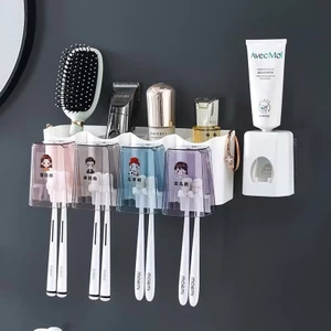 Bộ Nhả Kem Đánh Răng Tự Động- 4 cốc, Kệ Để Bàn Chải Kem Đánh Răng, Kệ để đồ phòng tắm đa năng lắp đặt dính tường kèm cốc