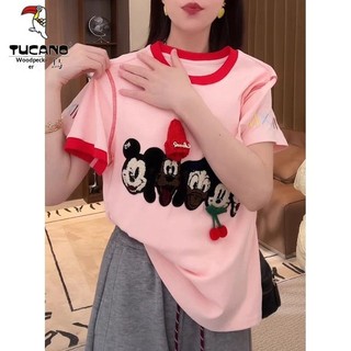 Mickey Áo Thun Tay Ngắn Thêu Họa Tiết Hoạt Hình Phong Cách Công Nghiệp Nặng