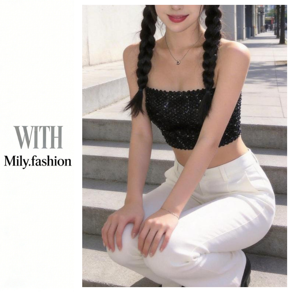 Milyfashion Sequined Tube Top Hot Girl Style Strapless Outer Short Top